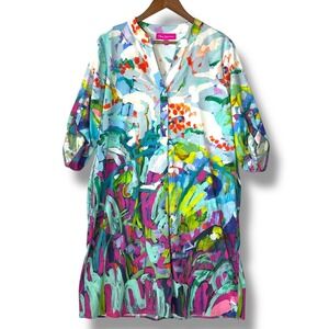 Claire Desjardins So Much Garden Bamboo Art to Wear Shirt Dress XL Roll Tab